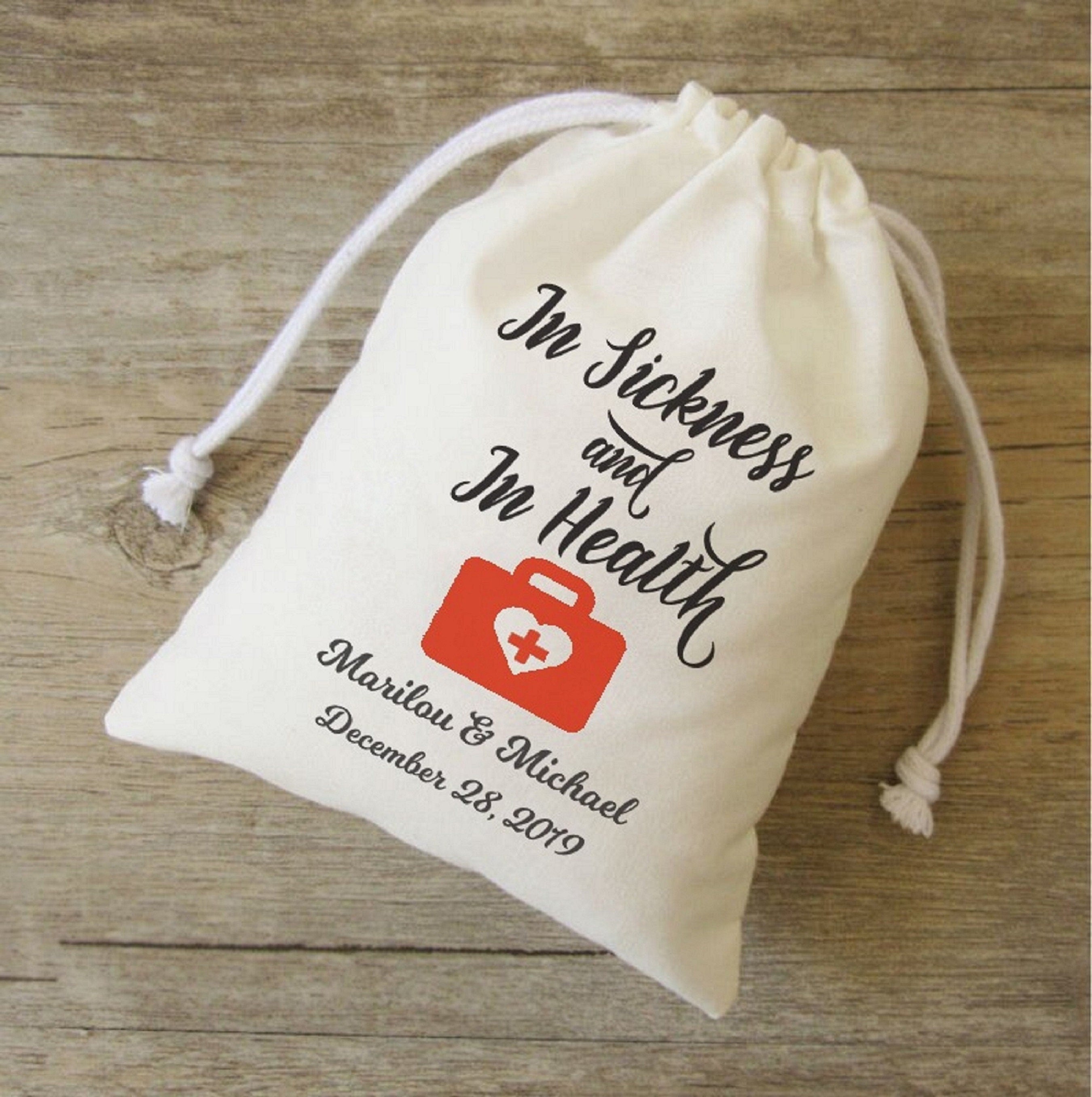 In Sickness and In Health bags, wedding Survival Kit, wedding Recovery Kit, Wedding Emergency kit, Welcome bag, guest bag,, thank you bag