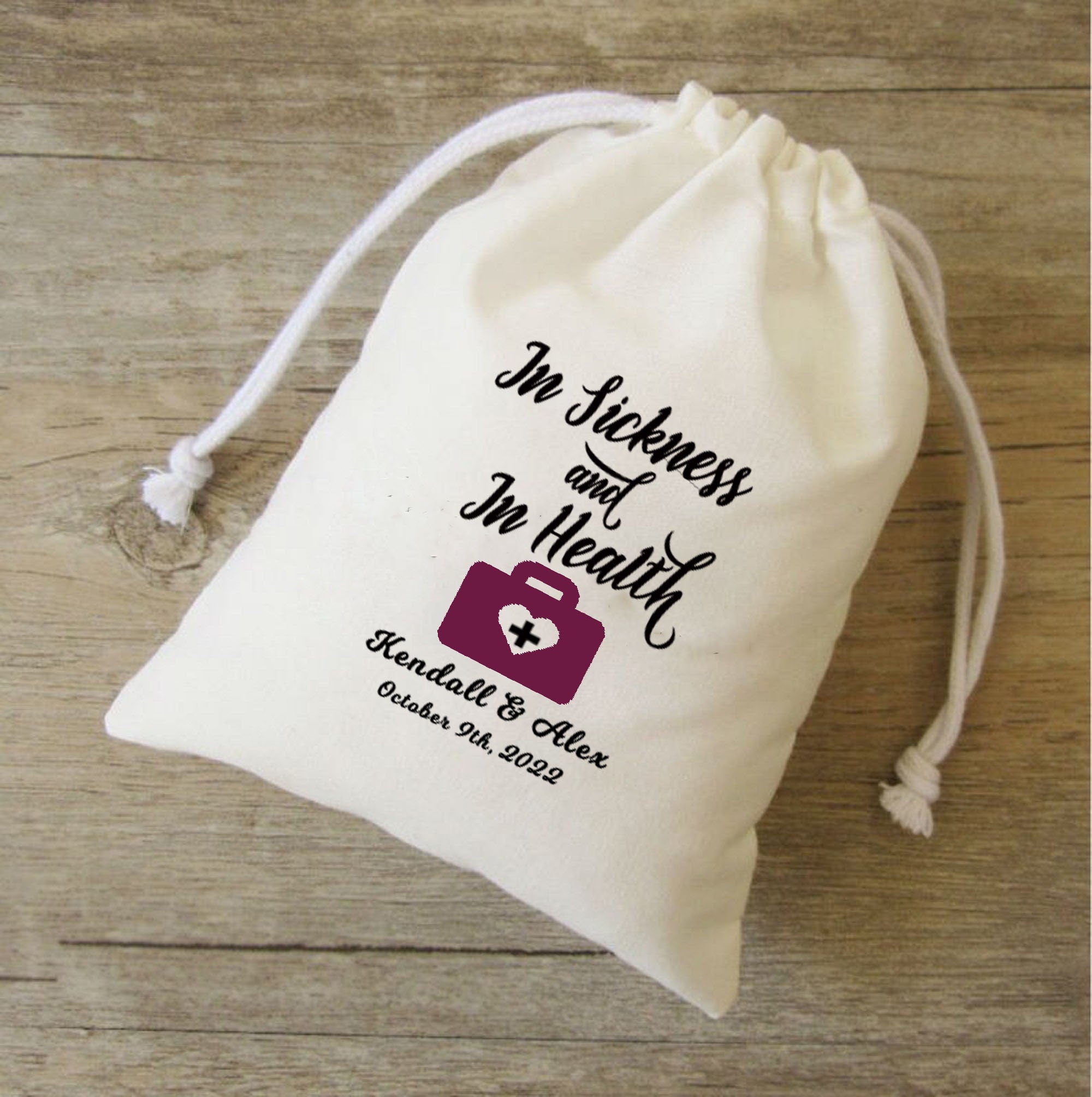 In Sickness and In Health bags, wedding Survival Kit, wedding Recovery Kit, Wedding Emergency kit, Welcome bag, guest bag,, thank you bag