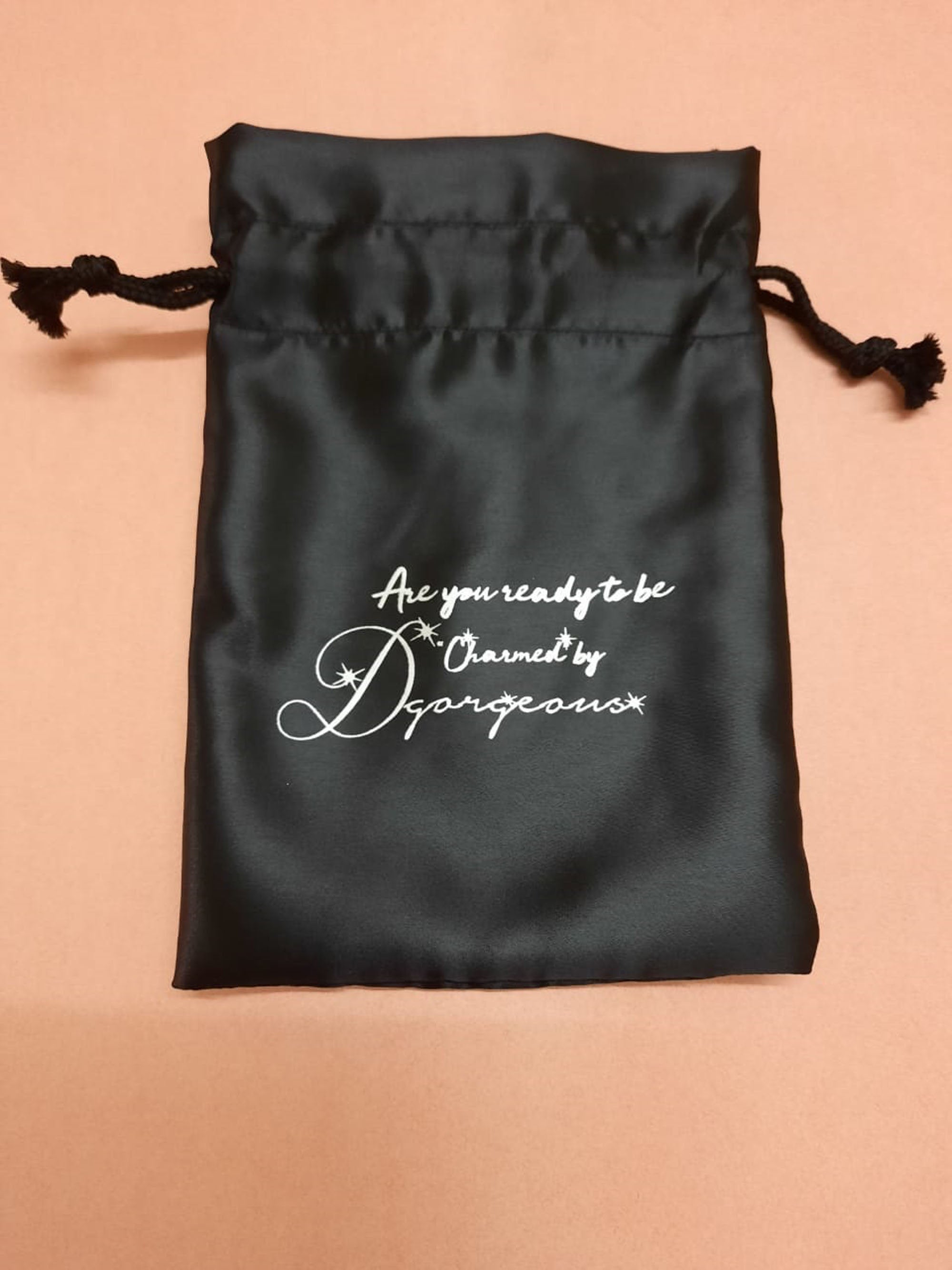 Black Satin Bags with logo in various sizes and quantities